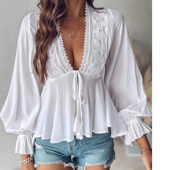 Boho Butterfly Embroidered Front Tie V neck Flounce sleeve Blouse - Picture 5 of 8